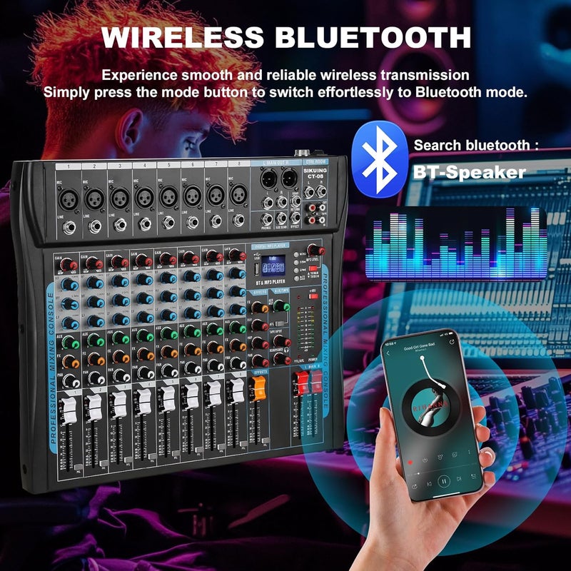 SIKUING 8 Channel Audio Mixer Sound Board Mixer 16 DSP Effect Audio Interfacer w/USB Drive for Computer Recording, 48V Power, XLR Microphone Jack DJ Mixer for Karaoke Studio Streaming Recording - Image 3